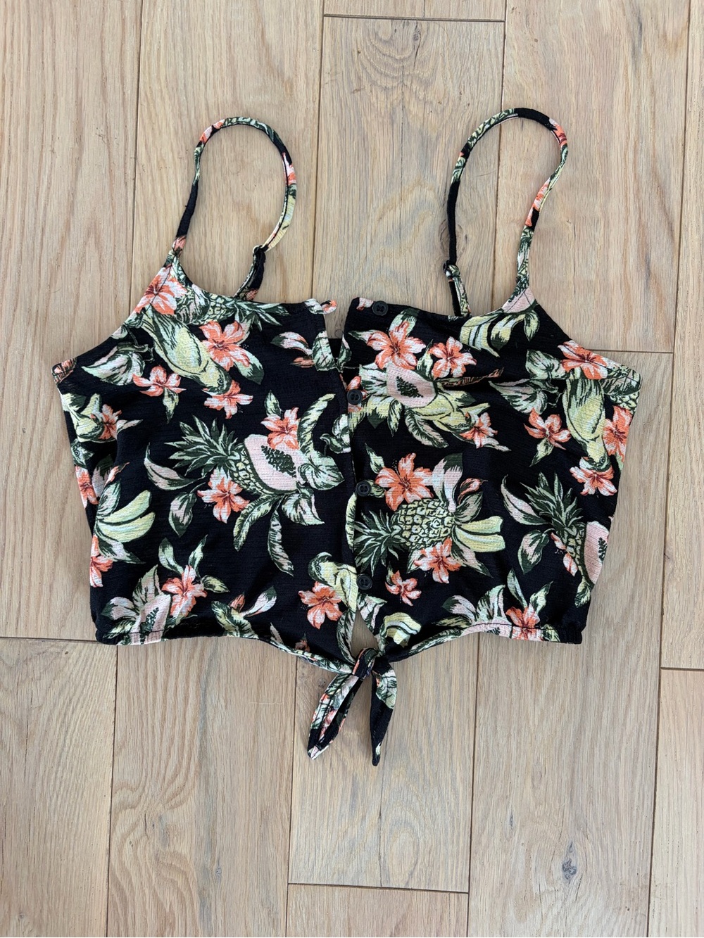 H&M Black Floral Pineapple Tie-Front Cami with Pink & Green Accents